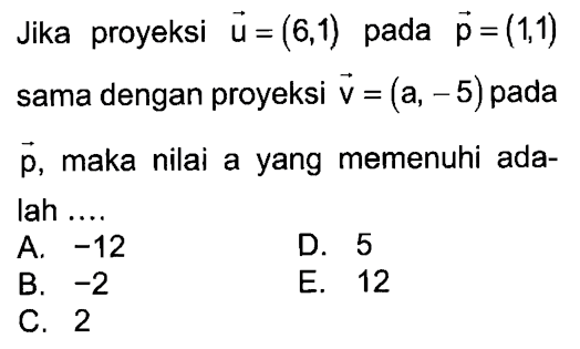 Jika proyeksi vektor u=(6,1) pada vektor p=(1,1) sama dengan proyeksi vektor v=(a,-5) pada vektor p, maka nilai a yang memenuhi adalah....