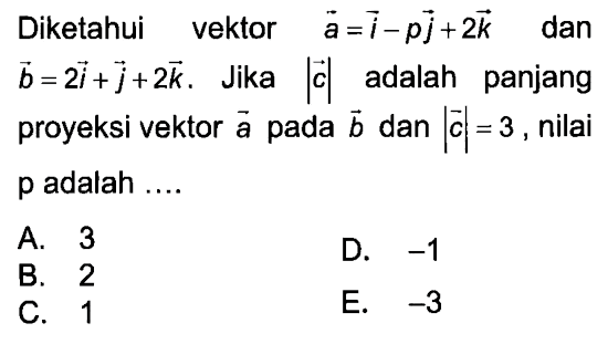 Diketahui vektor a = i - pj + 2k dan vektor b = 2i + j + 2k. Jika |c| adalah panjang proyeksi vektor a pada b dan |c| = 3, nilai p adalah ....