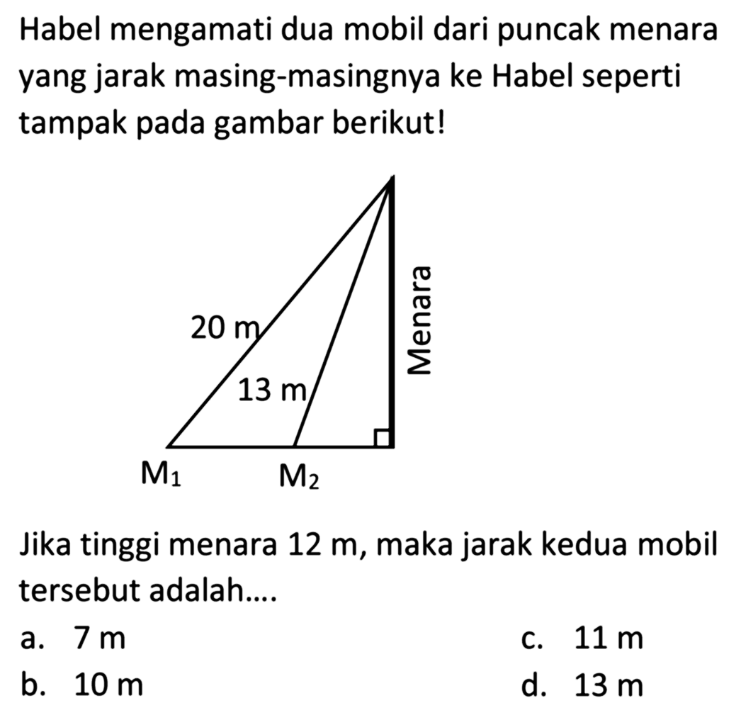 Habel mengamati dua mobil dari puncak menara yang jarak masing-masingnya ke Habel seperti tampak pada gambar berikut!Jika tinggi menara 12 m, maka jarak kedua mobil tersebut adalah ...