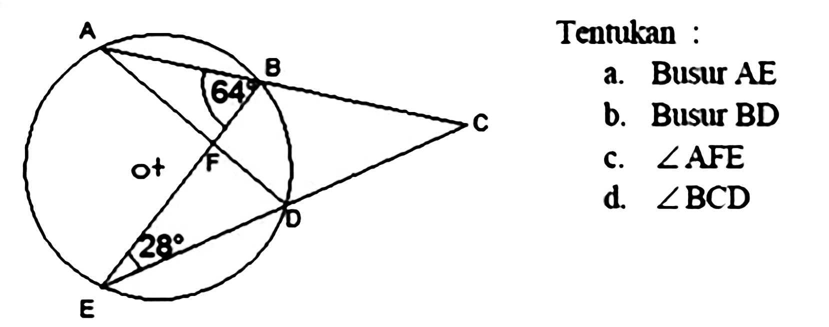 A B C D E F O 64 28
Tentukan :
a. Busur  AE 
b. Busur  BD 
c.  sudut AFE 
d.  sudut BCD 