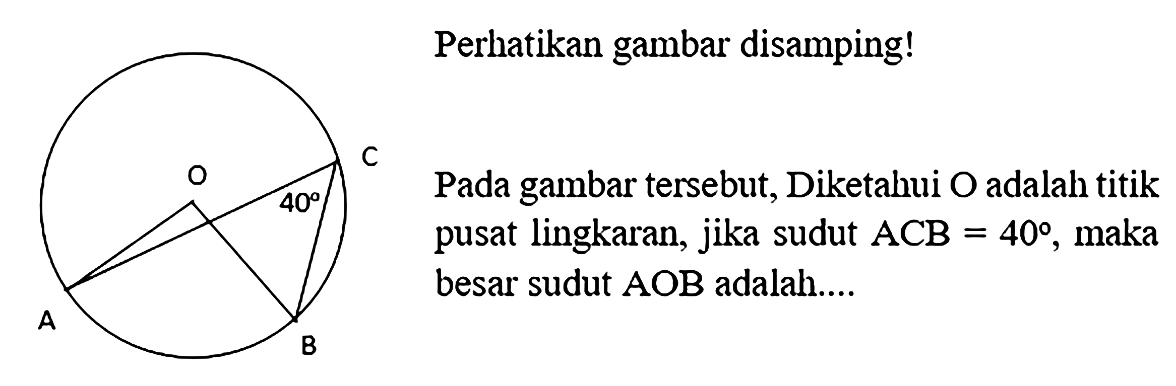 Perhatikan gambar disamping! Pada gambar tersebut, Diketahui  O  adalah titik pusat lingkaran, jika sudut  ACB=40 , maka besar sudut  AOB  adalah...