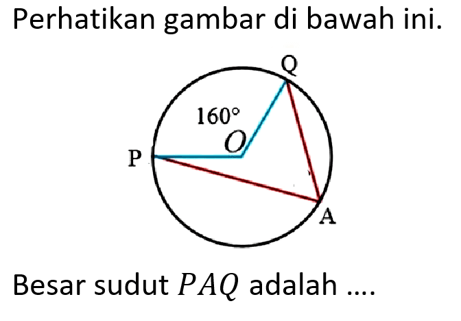 Perhatikan gambar di bawah ini.Q P O A 160 Besar sudut  PAQ  adalah .... 