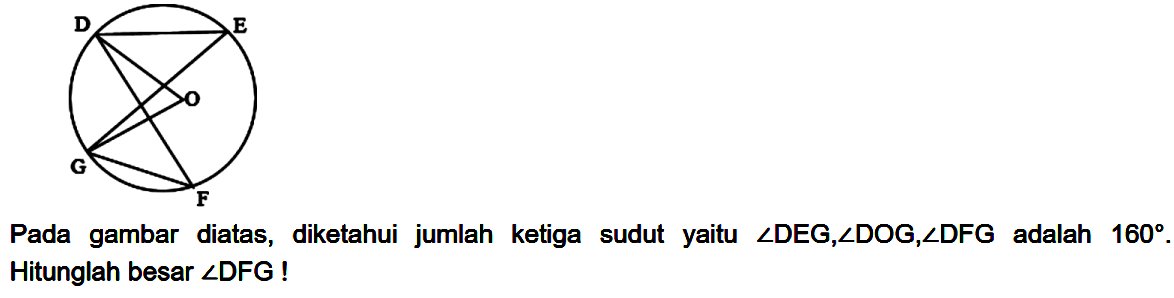 Pada gambar diatas, diketahui jumlah ketiga sudut yaitu  sudut DEG, sudut DOG, sudut DFG adalah 160 . Hitunglah besar  sudut DFG !
D E F G O