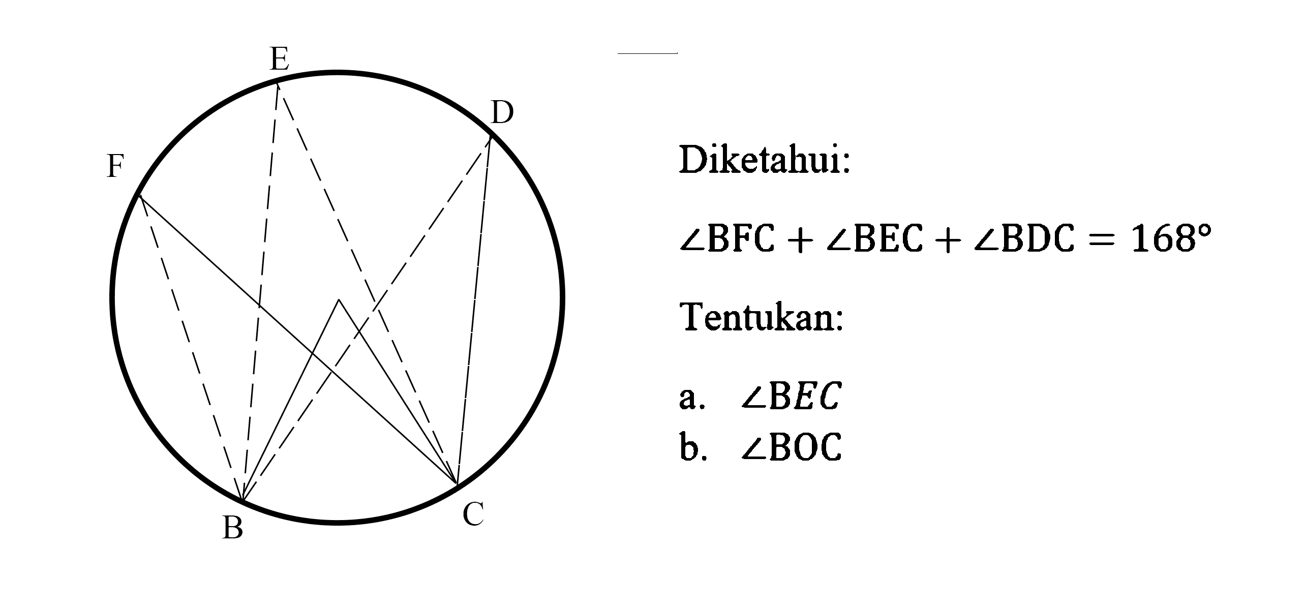 A B C D E F
Diketahui:
 sudut BFC + sudut BEC + sudut BDC=168 
Tentukan:
a.  sudut BEC 
b.  sudut BOC 