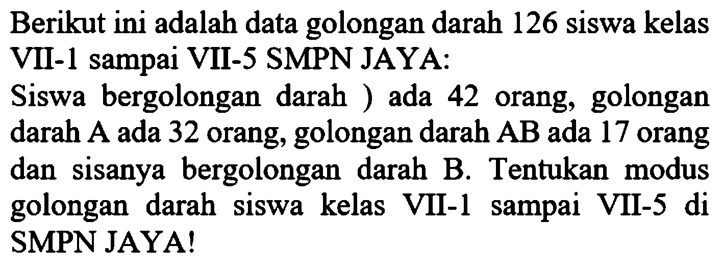 Berikut ini adalah data golongan darah 126 siswa kelas VII-1 sampai VII-5 SMPN JAYA: 
Siswa bergolongan darah ) ada 42 orang, golongan darah A ada 32 orang, golongan darah AB ada 17 orang dan sisanya bergolongan darah B. Tentukan modus golongan darah siswa kelas VII-1 sampai VII-5 di SMPN JAYA!