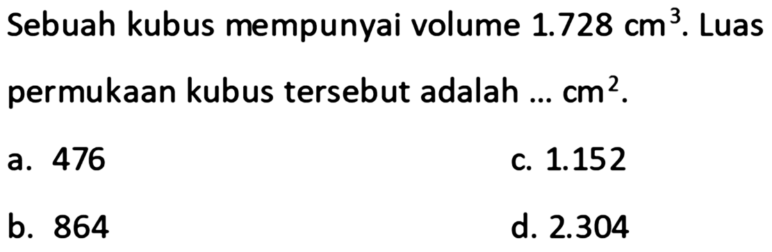 Sebuah kubus mempunyai volume 1.728 cm^3. Luas permukaan kubus tersebut adalah ... cm^2.