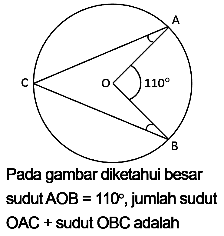 Sudut O = 110 Pada gambar diketahui besar sudut  AOB=110 , jumlah sudut OAC+ sudut  OBC adalah