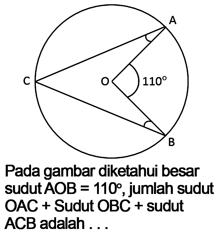 A C O B 110 Pada gambar diketahui besar sudut  AOB=110 , jumlah sudut OAC+  Sudut  OBC+ sudut ACB adalah ...