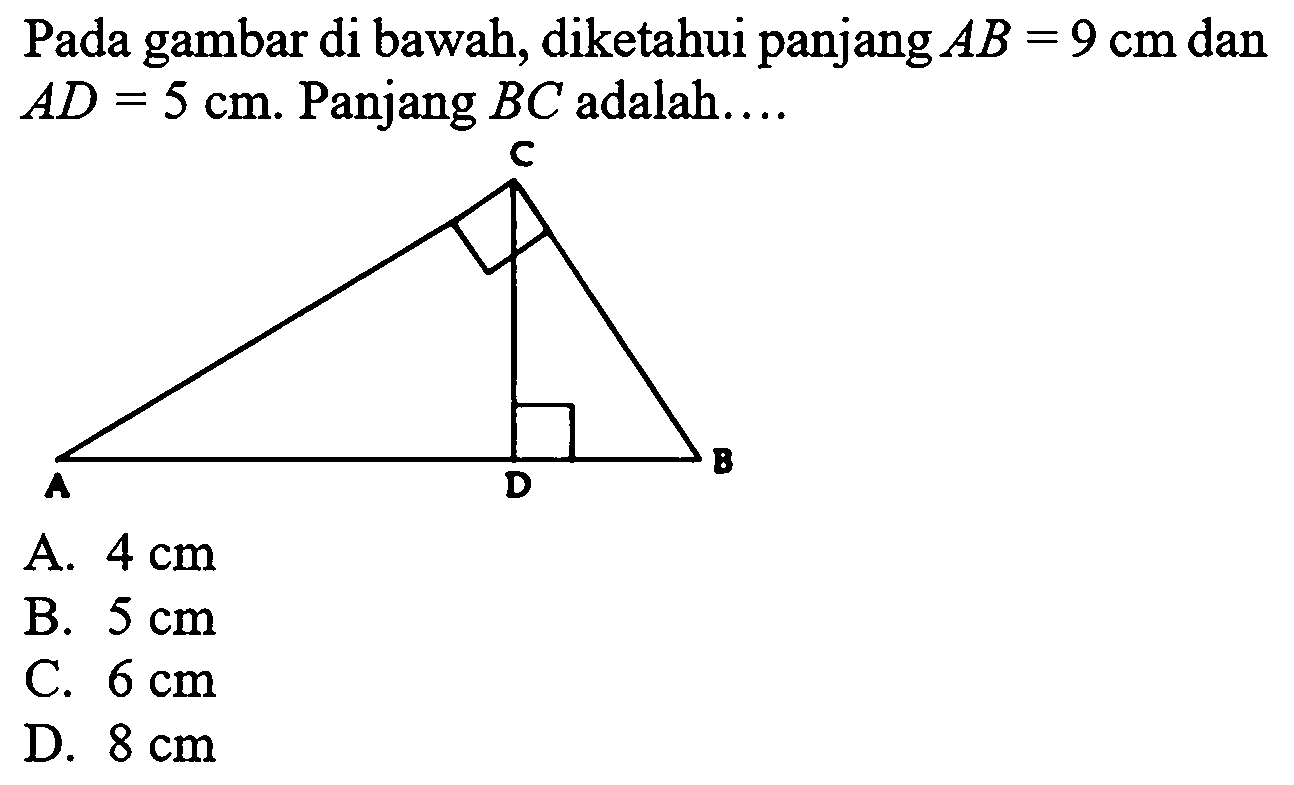 Pada gambar di bawah, diketahui panjang AB=9 cm dan AD=5 cm. Panjang BC adalah... 