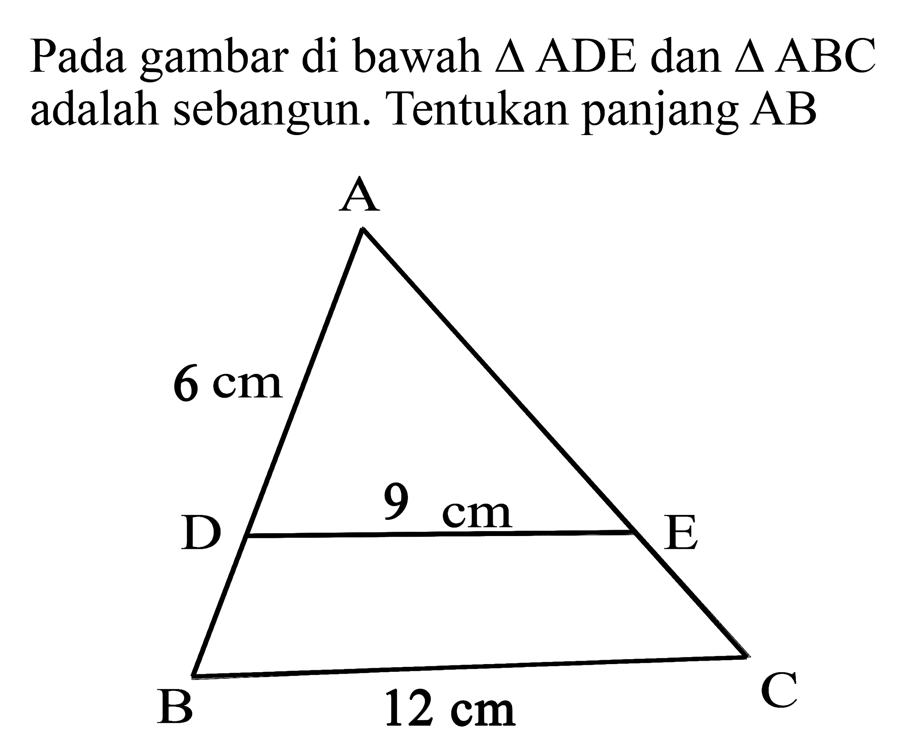 Pada gambar di bawah segitiga ADE dan segitiga ABC adalah sebangun. Tentukan panjang AB A 6 cm D 9 cm E B 12 cm C 