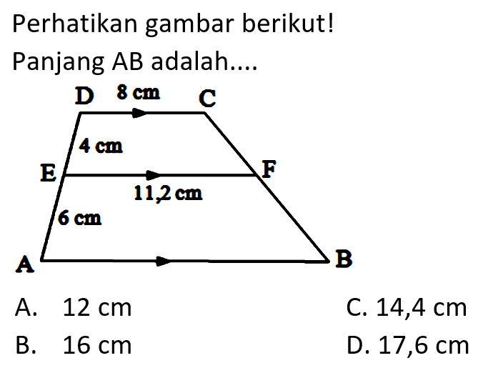 Perhatikan gambar berikut! D 8 cm C E 4 cm 11,2 cm F A 6 cm B Panjang AB adalah.... A. 12 cm B. 16 cm C. 14,4 cm D. 17,6 cm