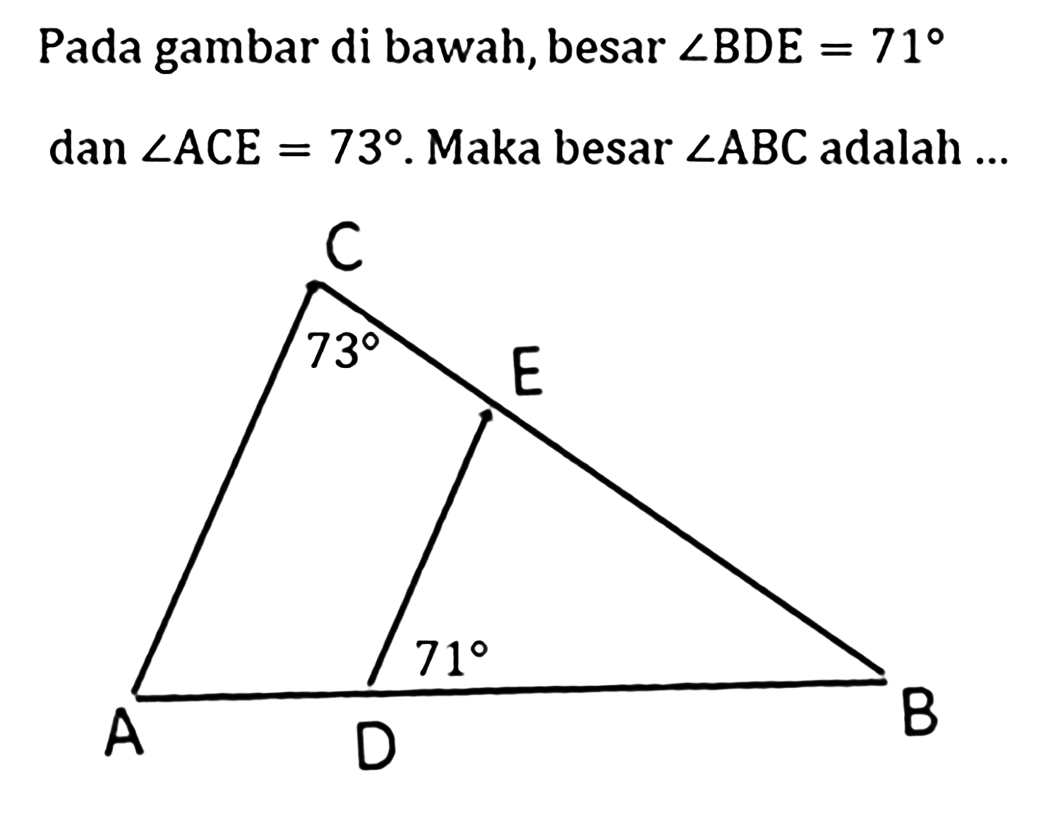 Pada gambar di bawah, besar sudut BDE=71 dan sudut ACE=73. Maka besar sudut ABC adalah ... C 73 E 71 A D B