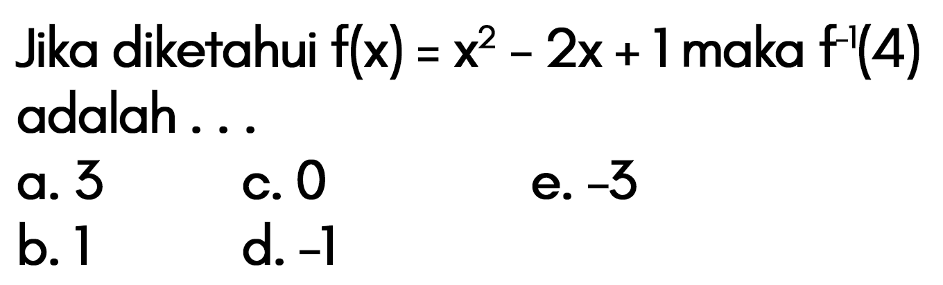 Jika diketahui f(x)=x^2-2x+1 maka f^-1(4) adalah....