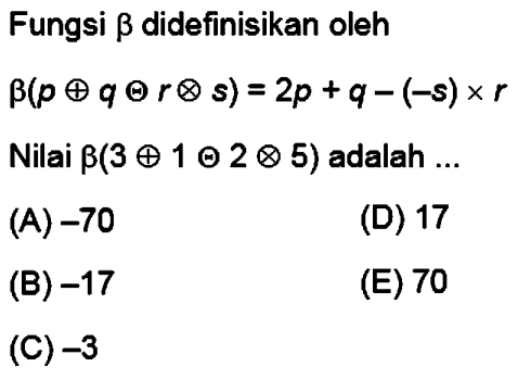 Fungsi beta didefinisikan oleh  beta (p oplus q Theta r otimes s)=2p+q-(-s) x r Nilai beta(3 oplus 1 odot 2 otimes 5)  adalah ...