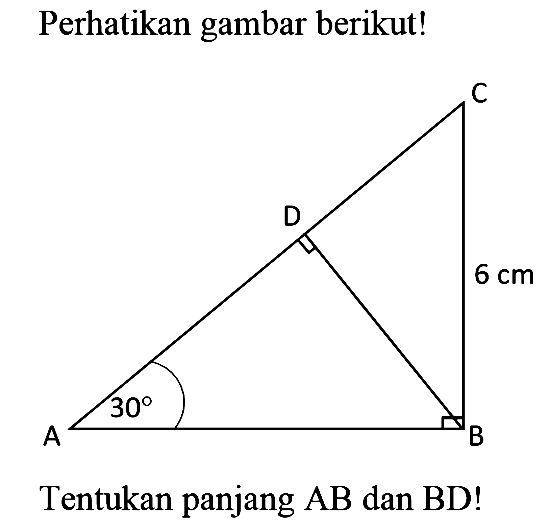 Perhatikan gambar berikut!C B A D 6 cm 30Tentukan panjang AB dan BD!