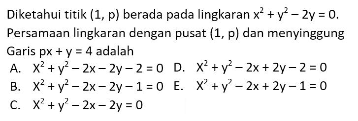 Diketahui titik  (1, p)  berada pada lingkaran  x^2+y^2-2 y=0 . Persamaan lingkaran dengan pusat  (1, p)  dan menyinggung Garis  px+y=4  adalah