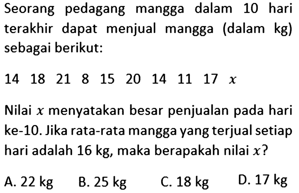 Seorang pedagang mangga dalam 10 hari terakhir dapat menjual mangga (dalam kg) sebagai berikut: 14 18 21 8 15 20 14 11 17 x Nilai x menyatakan besar penjualan pada hari ke-10. Jika rata-rata mangga yang terjual setiap hari adalah 16 kg, maka berapakah nilai x?