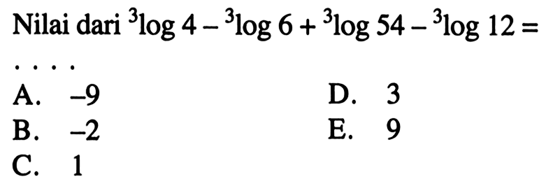 Nilai dari 3log4-3log6+3log54-3log12 = ....