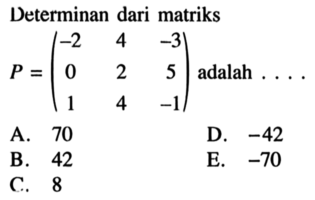 Determinan dari matriks P=(-2 4 -3 0 2 5 1 4 -1) adalah . . . .