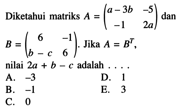 Diketahui matriks A=(a-3b -5 -1 2a) dan B=(6 -1 b-c 6). Jika A=B^T, nilai 2a+b-c adalah ...