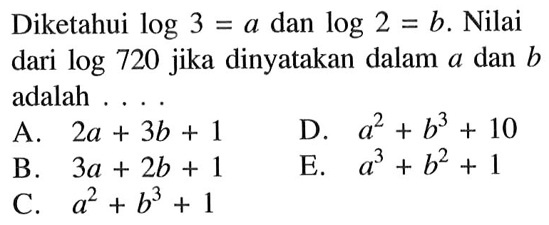 Diketahui log3=a dan log2=b. Nilai dari log720 jika dinyatakan dalam a dan b adalah ...