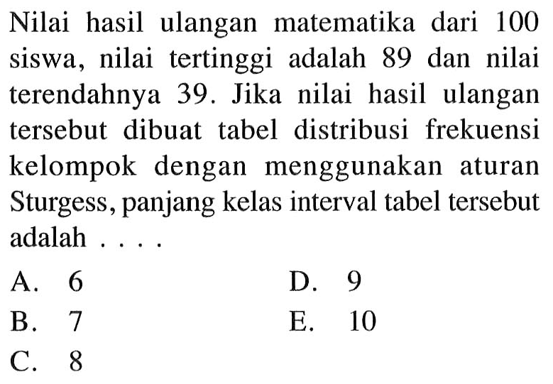 Nilai hasil ulangan matematika dari 100 siswa, nilai tertinggi adalah 89 dan nilai terendahnya 39. Jika nilai hasil ulangan tersebut dibuat tabel distribusi frekuensi kelompok dengan menggunakan aturan Sturgess, panjang kelas interval tabel tersebut adalah ...