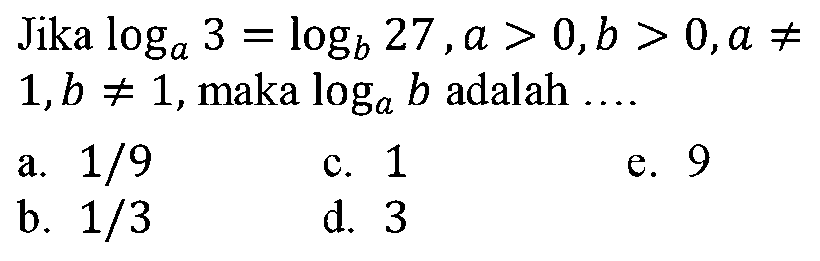 Jika log a 3=log b 27, a>0, b>0, a=/=3, b=/=1, maka log a b adalah ....