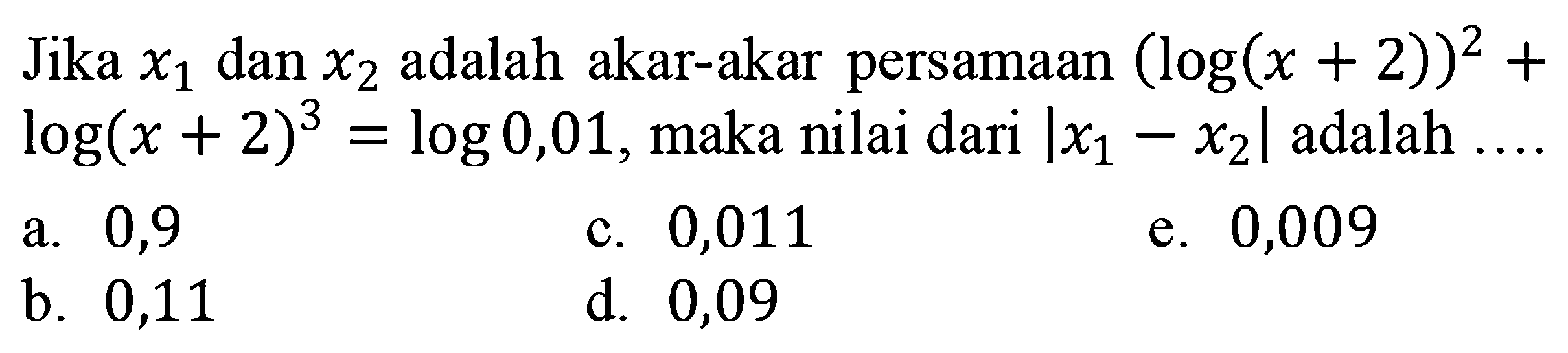 Jika x1 dan x2 adalah akar-akar persamaan (log(x+2))^2 + log(x+2)^3 = log 0,01, maka nilai dari|x1-x2| adalah....