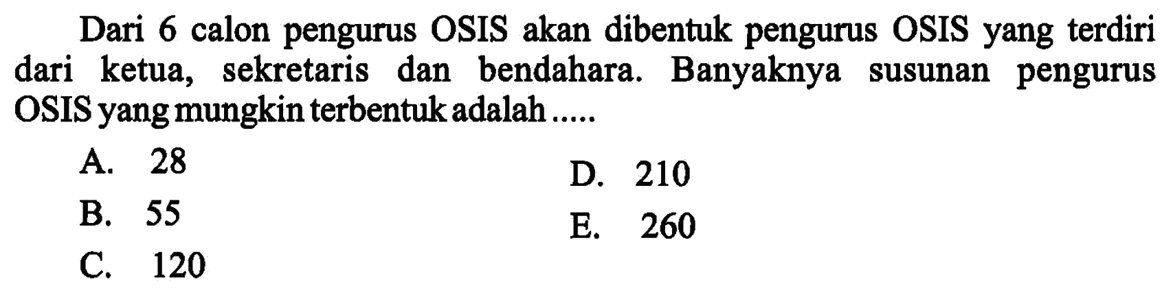 Dari 6 calon pengurus OSIS akan dibentuk pengurus OSIS yang terdiri dari ketua, sekretaris dan bendahara. Banyaknya susunan pengurus OSIS yang mungkin terbentuk adalah .....