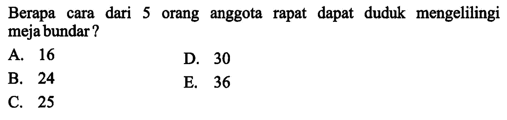 Berapa cara dari 5 orang anggota rapat dapat duduk mengelilingi meja bundar?