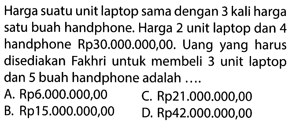 Harga suatu unit laptop sama dengan 3 kali harga satu buah handphone. Harga 2 unit laptop dan 4 handphone Rp30.000.000,00. Uang yang harus disediakan Fakhri untuk membeli 3 unit laptop dan 5 buah handphone adalah .....