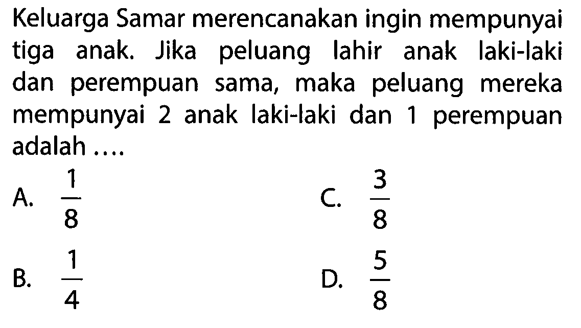 Keluarga Samar merencanakan ingin mempunyai tiga anak. Jika peluang lahir anak laki-laki dan perempuan sama, maka peluang mereka mempunyai 2 anak laki-laki dan 1 perempuan adalah .... 