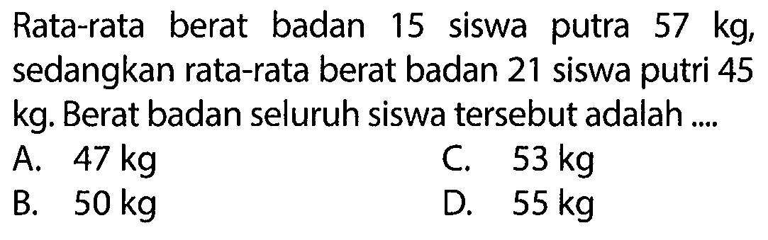 Rata-rata berat badan 15 siswa putra 57 kg, sedangkan rata-rata berat badan 21 siswa putri 45 kg. Berat badan seluruh siswa tersebut adalah .... 