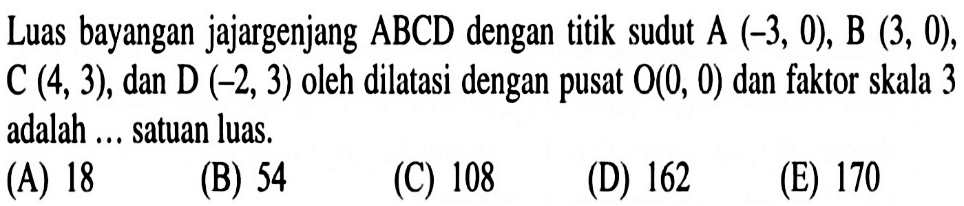 Luas bayangan jajargenjang ABCD dengan titik sudut A (-3, 0), B (3, 0), C (4, 3), dan D (-2, 3) oleh dilatasi dengan pusat O(0, 0) dan faktor skala 3 adalah .... satuan luas.