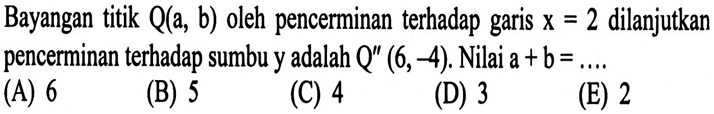 Bayangan titik Q(a, b) oleh pencerminan terhadap garis x=2 dilanjutkan pencerminan terhadap sumbu y adalah Q"(6,-4), Nilai a+b=...