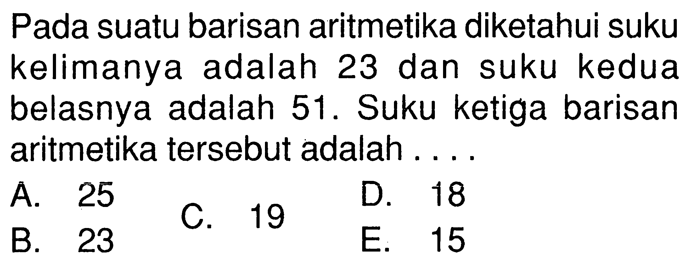 Pada suatu barisan aritmetika diketahui suku kelimanya adalah 23 dan suku kedua belasnya adalah 51. Suku ketiga barisan aritmetika tersebut adalah ...
