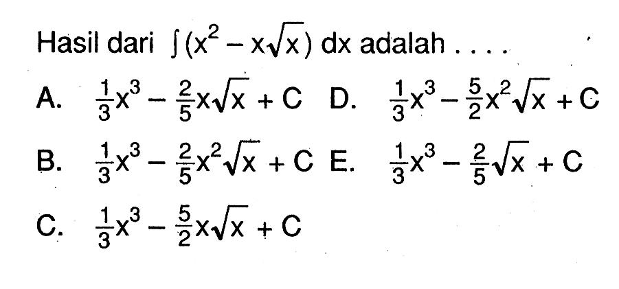 Hasil dari integral x^2-x akar(x) dx adalah ...