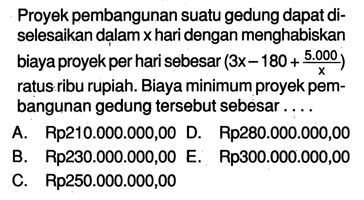 Proyek pembangunan suatu gedung dapat diselesaikan dalam x hari dengan menghabiskan biaya proyek per hari sebesar (3x-180+5.000/x) ratus ribu rupiah. Biaya minimum proyek pembangunan gedung tersebut sebesar....