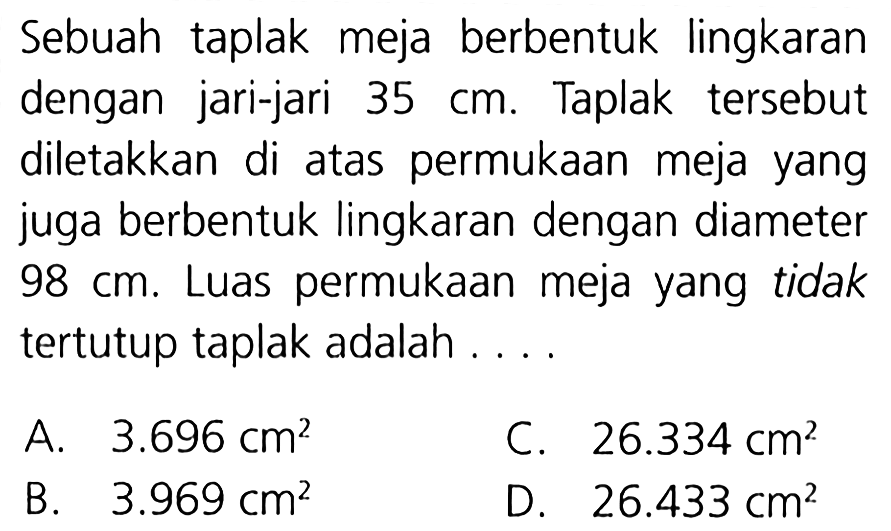 Sebuah taplak meja berbentuk lingkaran dengan jari-jari 35 cm. Taplak tersebut diletakkan di atas permukaan meja yang juga berbentuk lingkaran dengan diameter 98 cm. Luas permukaan meja yang tidak tertutup taplak adalah . . . .