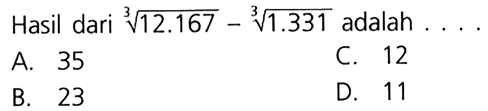 Hasil dari 12.167^(1/3) - 1.331^(1/3) adalah ....