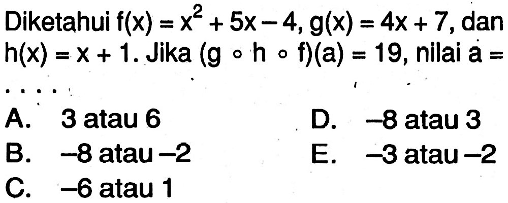 Diketahui f(x)=x^2+5x-4, g(x)=4x+7, dan h(x)=x+1. Jika (gohof)(a)=19, nilai a= 