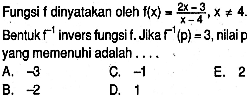 Fungsi f dinyatakan oleh f(x)=(2x-3)/(x-4),x =/= 4 Bentuk f^-1 invers fungsi f. Jika f^-1(p)=3, nilai p yang memenuhi adalah ....