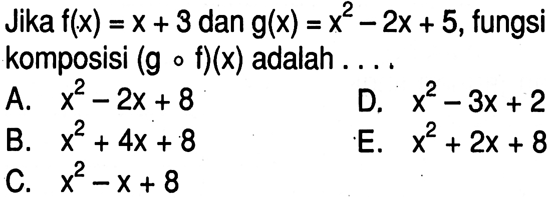 Jika f(x)=x+3 dan g(x)=x^2-2x+5, fungsi komposisi (gof)(x) adalah . . . .