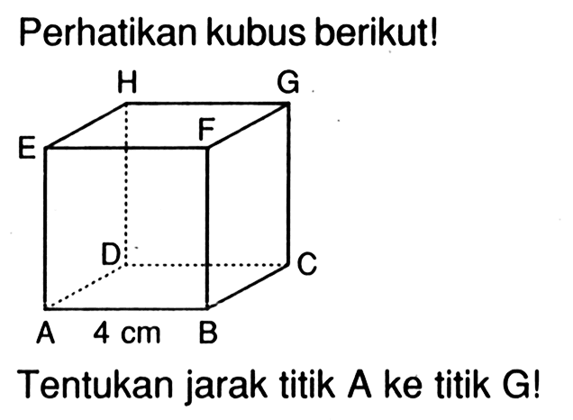 Perhatikan kubus berikut! 4 cm Tentukan jarak titik A ke titik G!