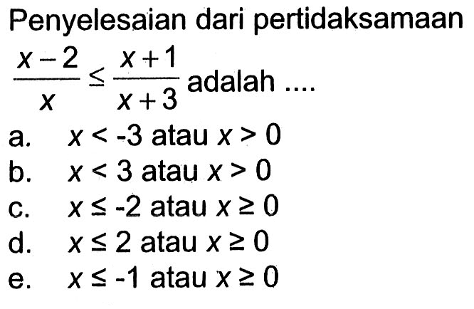 Penyelesaian dari pertidaksamaan (x-2)/x<=(x+1)/(x+3) adalah ....