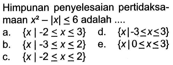 Himpunan penyelesaian pertidaksamaan x^2-|x|<=6 adalah ...