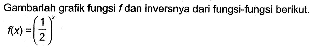 Gambarlah grafik fungsi f dan inversnya dari fungsi-fungsi berikut. f(x)=(1/2)^x