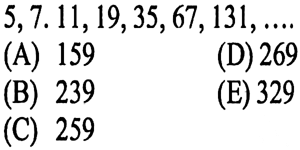  5,7.11,19,35,67,131, ... (A) 159(D) 269(B) 239(E) 329(C) 259