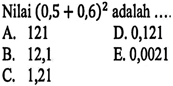 Nilai (0,5 + 0,6)^2 adalah