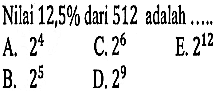 Nilai 12,5% dari 512 adalah ...